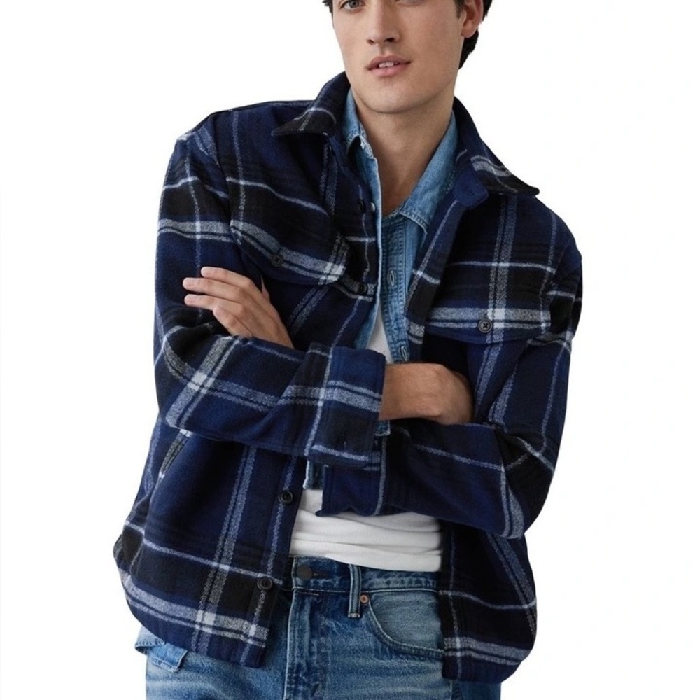 New! American Eagle Black Blue Plaid Flannel Oversized Shirt Jacket nbnn